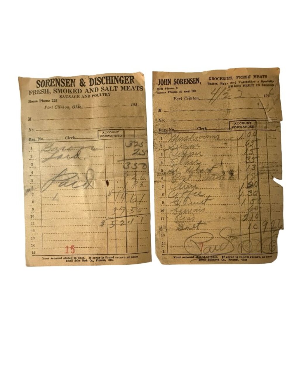 1926 John Sorensen Sorensen & Dischinger Port Clinton Ohio Grocery Receipts Anti